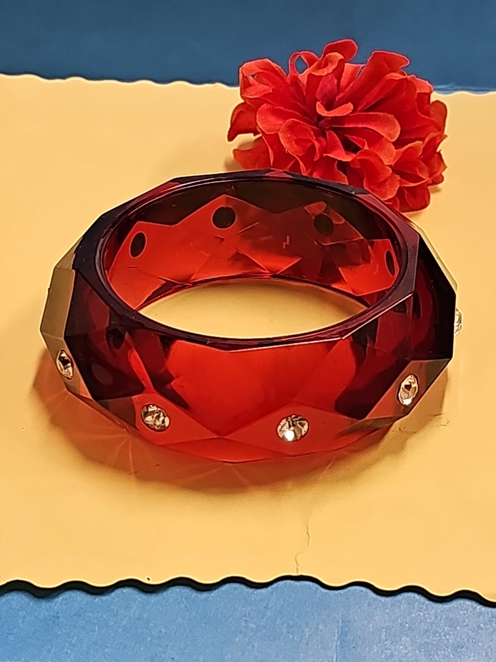 Vintage Susan Graver Red Lucitr Faceted Bangle Bracelet with Crystal Accents